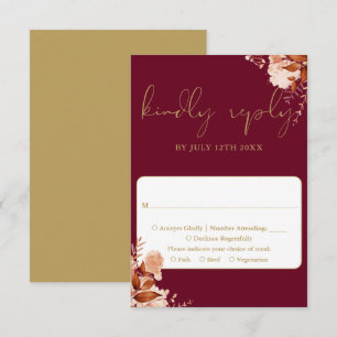 Burgundy And Gold Rustic Floral Wedding RSVP Card