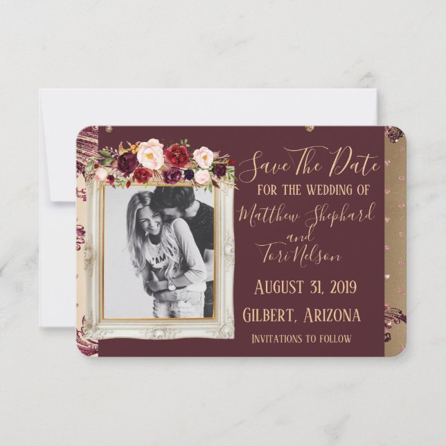 Burgundy and Gold Save The Date (Gold Confetti) (Front)