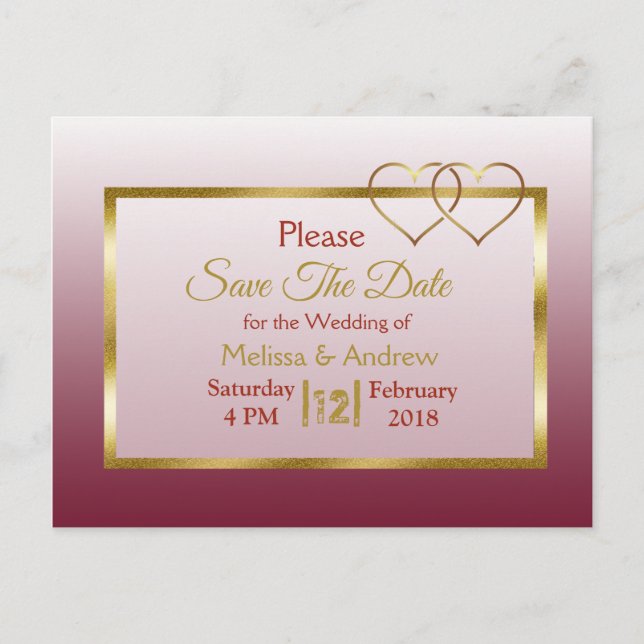 Burgundy and Gold Save the Date Postcards (Front)