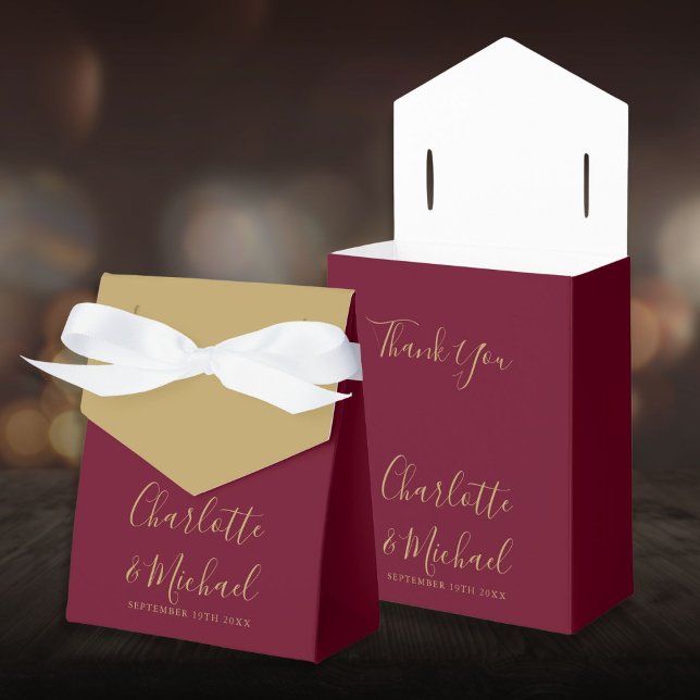 Burgundy and Gold Script Elegant Wedding Favor Box (Burgundy and Gold Script Elegant Wedding Favor Boxes)