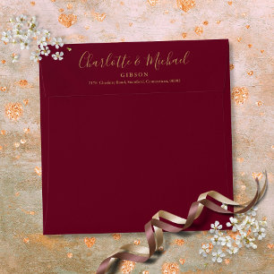 Burgundy and Gold Script Return Address Square Envelope