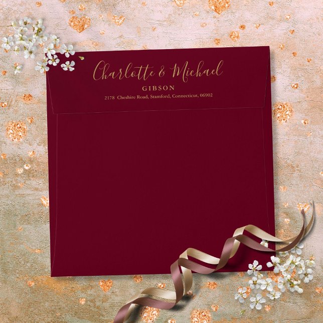 Burgundy and Gold Script Return Address Square Envelope (Burgundy and Gold Script Return Address Square Envelope)