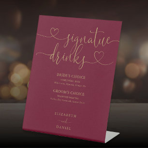 Burgundy And Gold Script Wedding Signature Drinks Pedestal Sign
