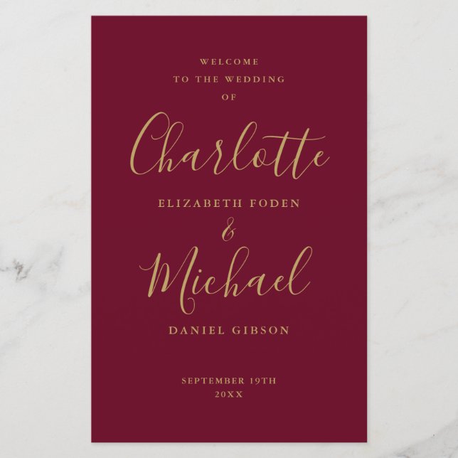 Burgundy and Gold Signature Script Wedding Program (Front)