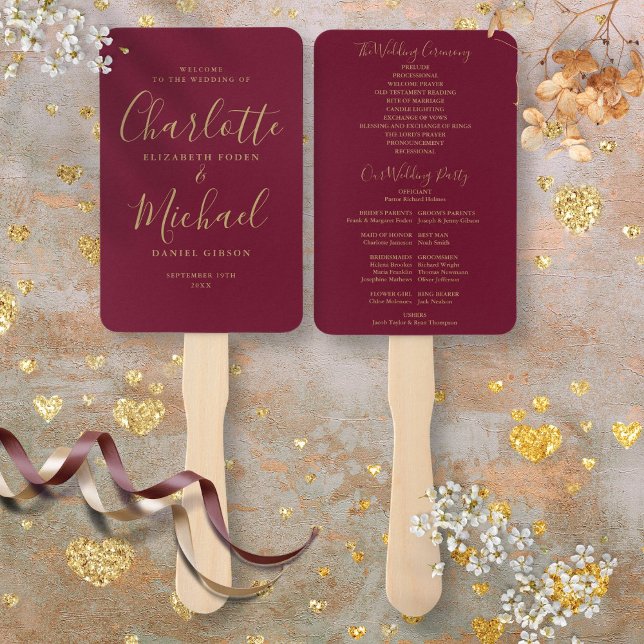 Burgundy and Gold Signature Script Wedding Program Hand Fan (Burgundy and Gold Signature Script Wedding Program Hand Fan)