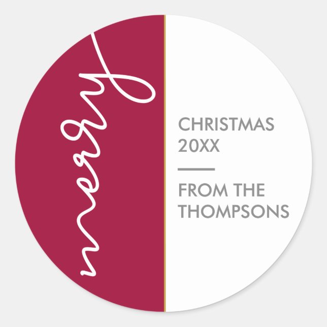 Burgundy and gold | Simple Merry Christmas Script Classic Round Sticker (Front)