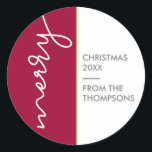 Burgundy and gold | Simple Merry Christmas Script Classic Round Sticker<br><div class="desc">: Add a touch of modern elegance to your holiday season with our "Elegant Yuletide" Burgundy and Gold Simple Merry Christmas Script Classic Round Sticker. This sticker is a perfect blend of contemporary design and festive charm, ideal for personalizing your Christmas gifts, cards, and decorations. The sticker features the word...</div>