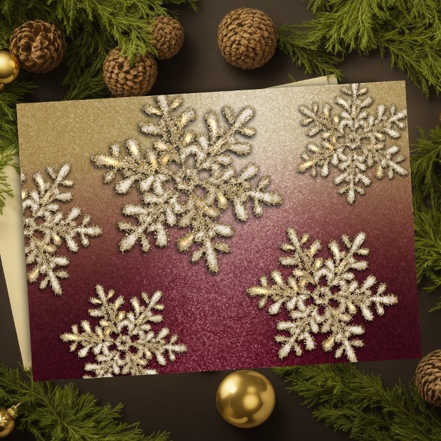 Burgundy and Gold Snowflake Shimmer Holiday Card (Creator Uploaded)