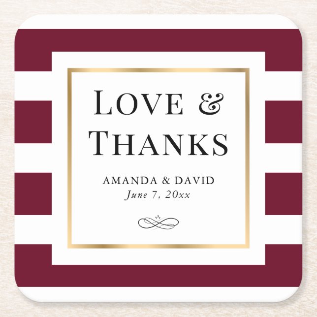 Burgundy and Gold Striped Wedding Paper Coaster (Front)