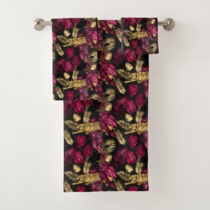 Burgundy and gold tiger tiled pattern bath towel set