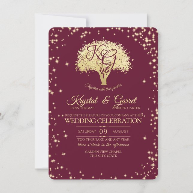 Burgundy and Gold Tree and Sparkle Wedding Invitation (Front)