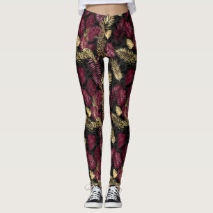 Burgundy and Gold Tropical Leaf Pattern Leggings