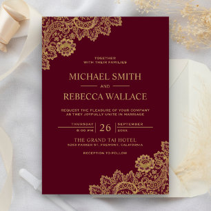 Burgundy and Gold Vintage Country Lace Wedding Invitation