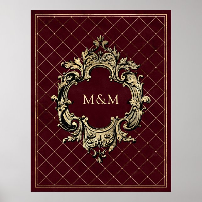 Burgundy and Gold Vintage Luxury Lattice Monogram Poster (Front)