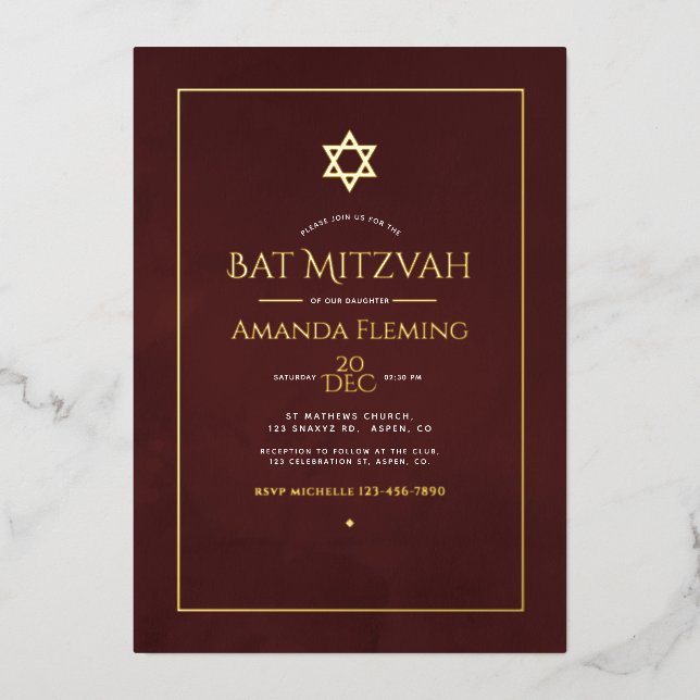Burgundy and Gold Watercolor Bat Mitzvah Photo (Front)