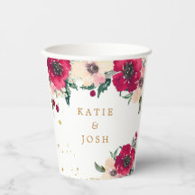 Burgundy and Gold Watercolor Floral  Paper Cups