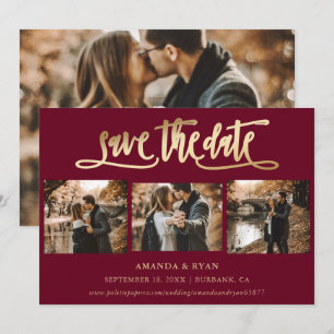 Burgundy and Gold Wedding 4 Photo Save The Date