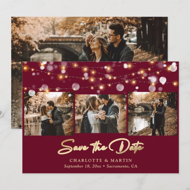 Burgundy and Gold Wedding 4 Photo Save The Date (Front/Back)