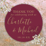 Burgundy and Gold Wedding Favour Thank You Classic Round Sticker<br><div class="desc">Burgundy and gold signature wedding favour thank you classic round sticker featuring signature style names. Personalize with your special thank you information in chic white typography. Designed by Thisisnotme©</div>