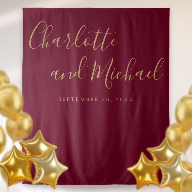 Burgundy and Gold Wedding Photo Booth Backdrop Tapestry (Burgundy and Gold Wedding Photo Booth Backdrop)