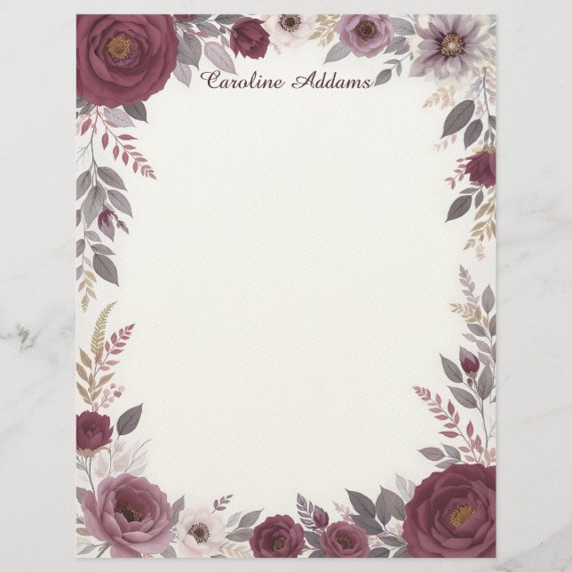 Burgundy and Gray Floral Stationery Paper (Front)