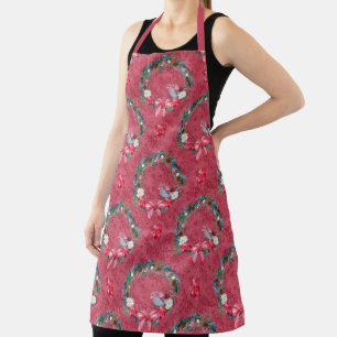 Burgundy and Green Christmas Wreath and Cardinal  Apron
