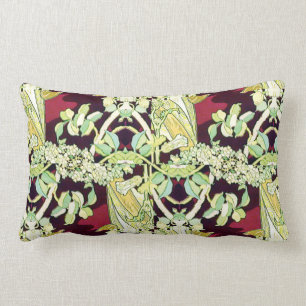Burgundy and Green Floral Mucha Remix Abstract Lumbar Pillow