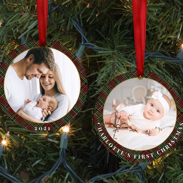 Burgundy and Green Plaid Photo Christmas Holiday Ceramic Ornament (Bugundy and green plaid baby's first Christmas ornament)