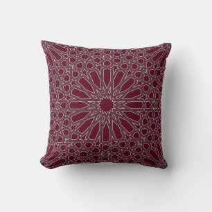 Burgundy and Grey Alhambra Geometric Pattern Throw Pillow