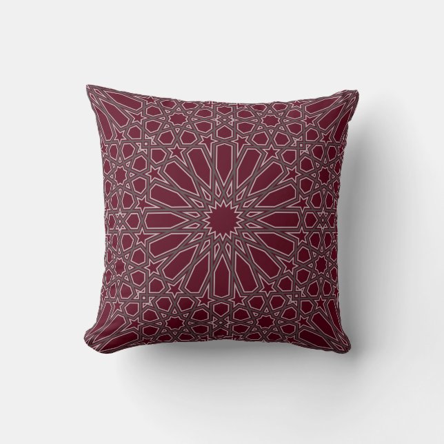 Burgundy and Grey Alhambra Geometric Pattern Throw Pillow (Front)