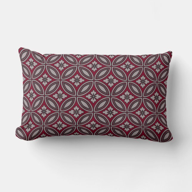 Burgundy and Grey Classic Floral Tile Pattern Lumbar Pillow (Front)