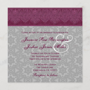 Burgundy and Grey Damask Monogram Wedding V24 Invitation