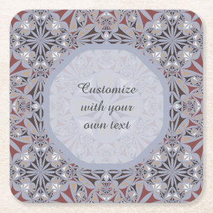 Burgundy and Grey Elegant Pattern Custom Text Square Paper Coaster