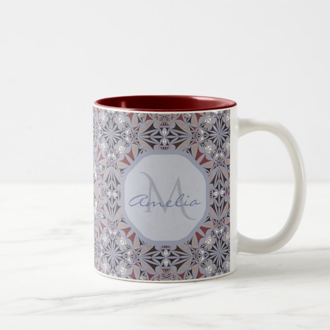 Burgundy and Grey Elegant Pattern Personalised Two-Tone Coffee Mug (Right)