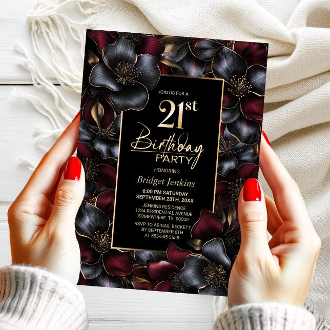 Burgundy and Grey Floral 21st Birthday Party Invitation (Creator Uploaded)