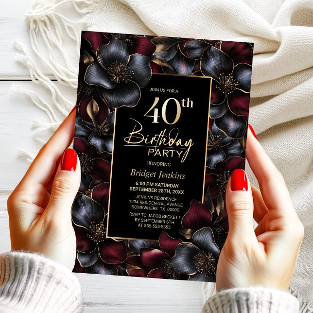 Burgundy and Grey Floral 40th Birthday Party Invitation (Creator Uploaded)