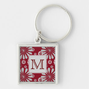 Burgundy and Grey Floral Monogram Keychain
