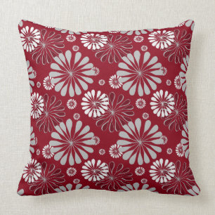 Burgundy and Grey Floral Throw Pillow
