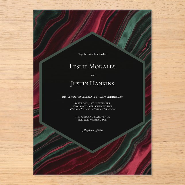 Burgundy and Hunter Green Velvet- Look  Acrylic Invitations (Front)