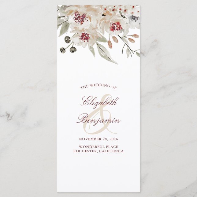 Burgundy and Ivory Floral Wedding Programs (Front)