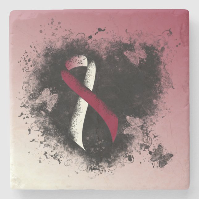Burgundy and Ivory Ribbon Grunge Heart Stone Coaster (Front)