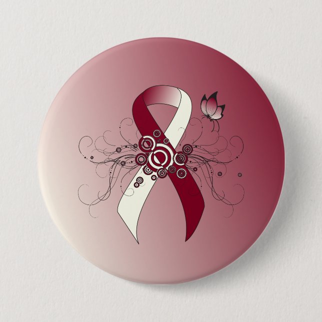 Burgundy and Ivory Ribbon with Butterfly 3 Inch Round Button (Front)