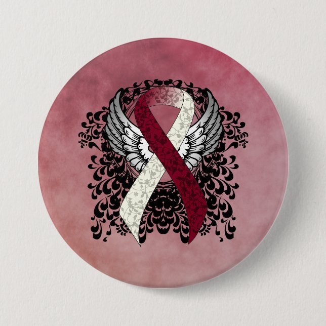 Burgundy and Ivory Ribbon with Wings 3 Inch Round Button (Front)