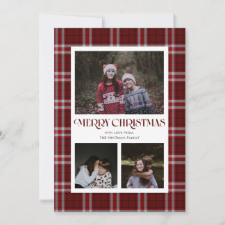 Burgundy and Light Blue Plaid Multiple Photo Holiday Card