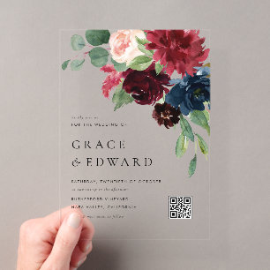 Burgundy and Navy Blue Botanical QR Code Wedding Acrylic Invitations