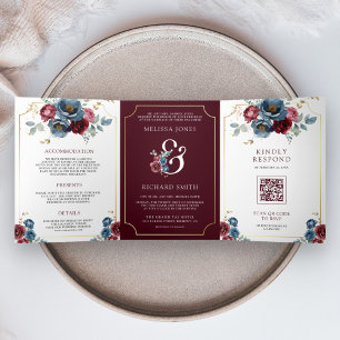 Burgundy and Navy Blue Floral Ampersand Wedding Tri-Fold Invitation