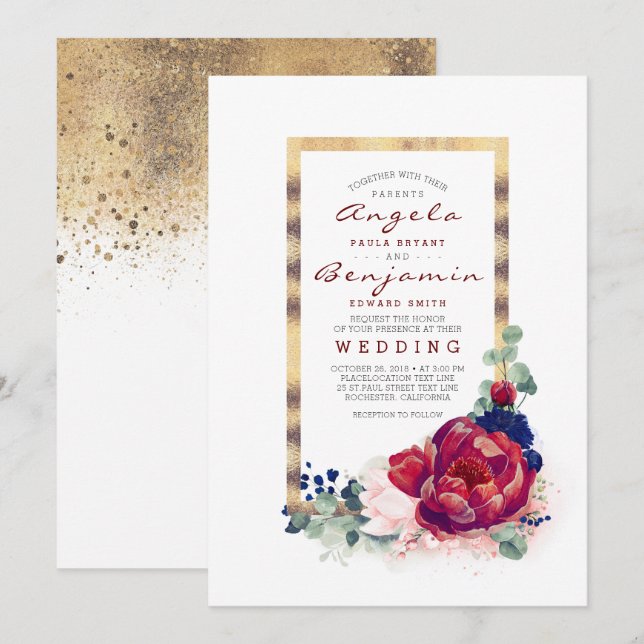 Burgundy and Navy Blue Floral Gold Frame Wedding Invitation (Front/Back)