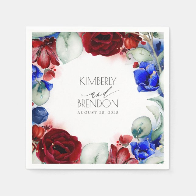 Burgundy and Navy Blue Floral Wedding Napkin (Front)