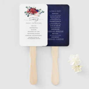 Burgundy and Navy Blue Floral Wedding Program Hand Fan