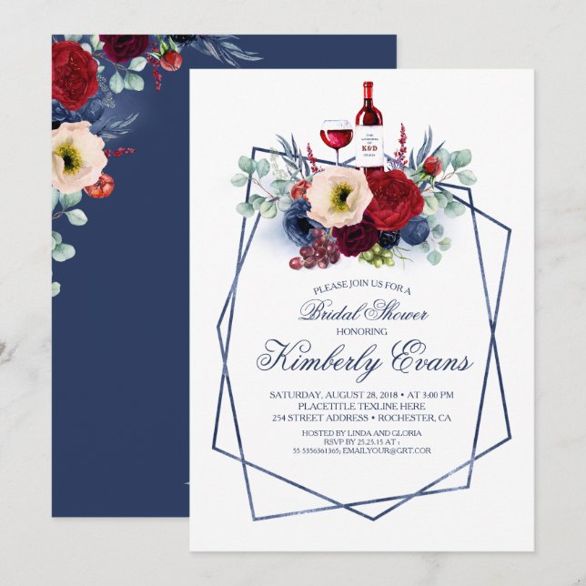 Burgundy and Navy Blue Wine Tasting Bridal Shower Invitation (Front/Back)
